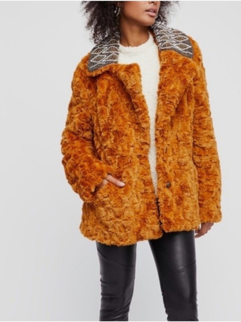 Free People beaded collar teddy coat